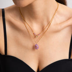 Vintage oval crystal stone pendant two layer stainless steel necklace