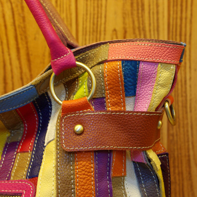 Personality color matching Genuine Leather women tote bag