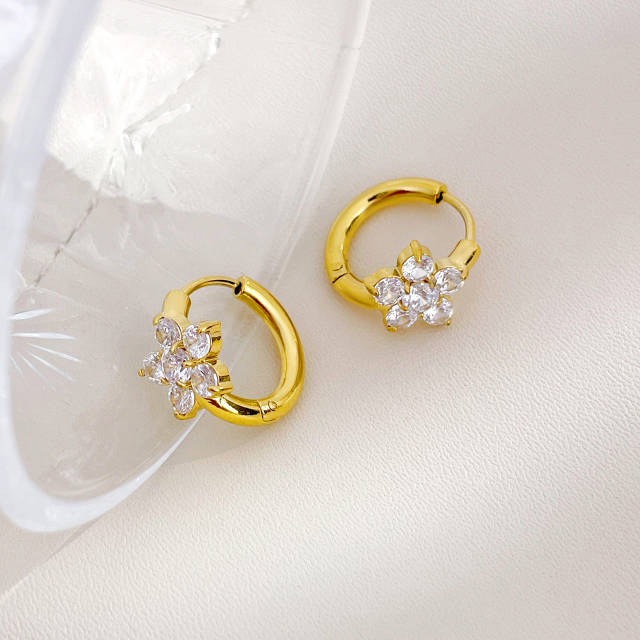 Delicate cubic zircon diamond flower stainless steel huggie earrings