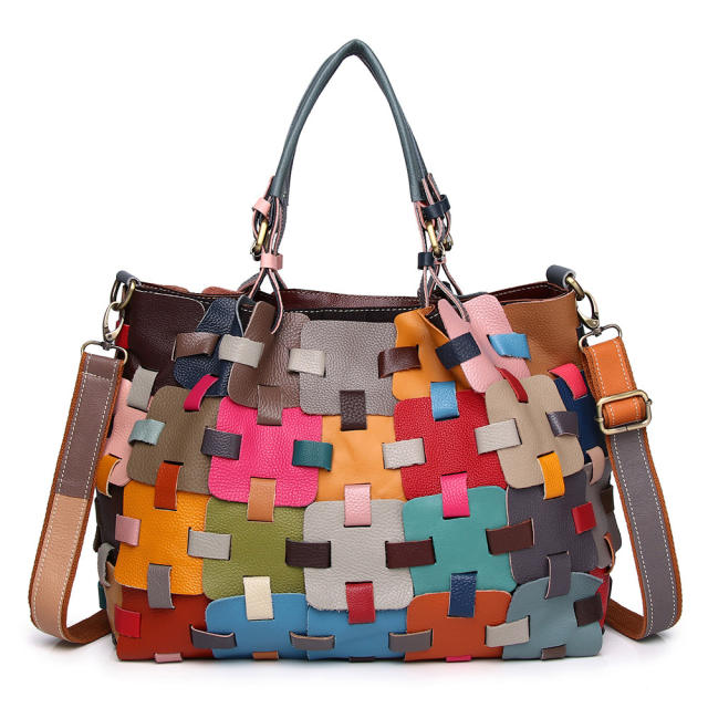 Personality colorful braid pattern Genuine Leather women tote bag