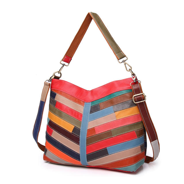 Colorful striped pattern Genuine Leather women shoulder bag