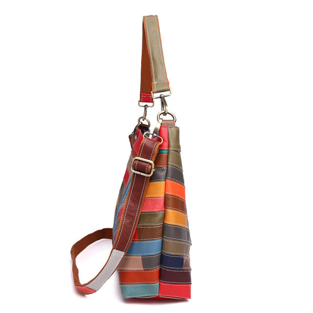 Colorful striped pattern Genuine Leather women shoulder bag