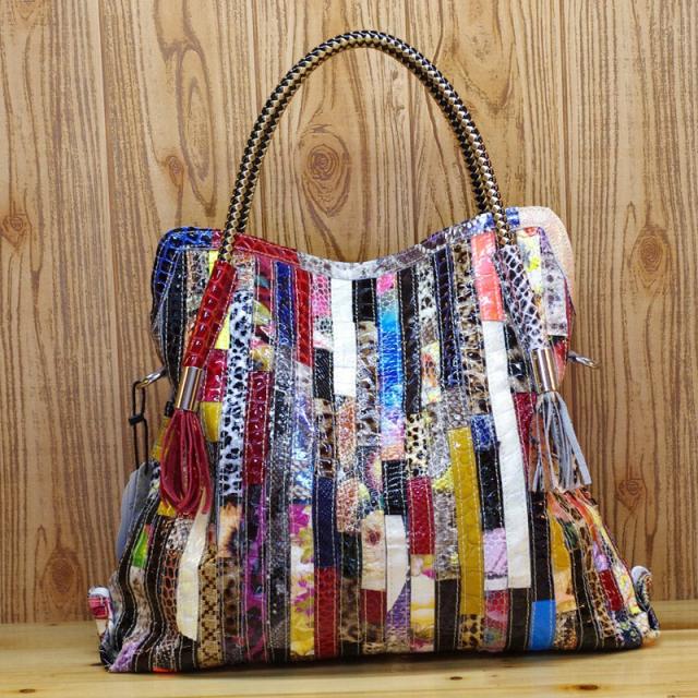 Personality color matching pattern Genuine Leather women tote bag