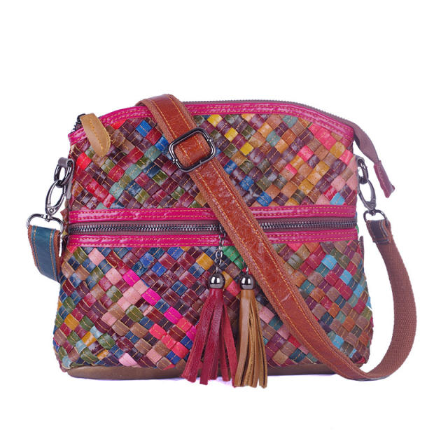 National trend color matching Genuine Leather crossbody bag