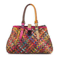 Personality colorful braid Genuine Leather women tote bag