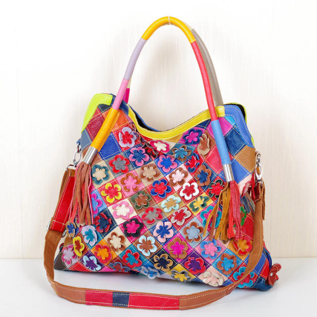 National trend colorful flower Genuine Leather women tote bag