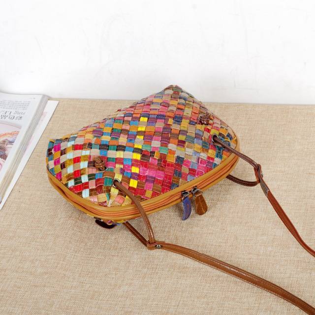 Holiday pattern colorful braid pattern Genuine Leather crossbody bag