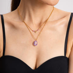 Vintage oval crystal stone pendant two layer stainless steel necklace