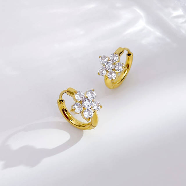 Delicate cubic zircon diamond flower stainless steel huggie earrings