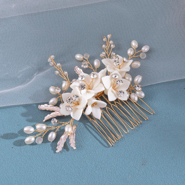 Handmade clay flower pearl bead wedding bridal hair combs