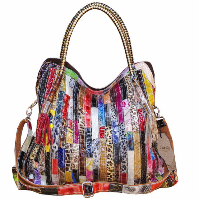 Personality color matching pattern Genuine Leather women tote bag