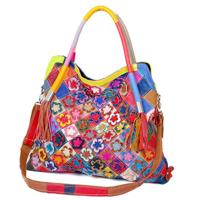 National trend colorful flower Genuine Leather women tote bag