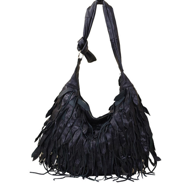 Black color Genuine Leather tassel women tote bag
