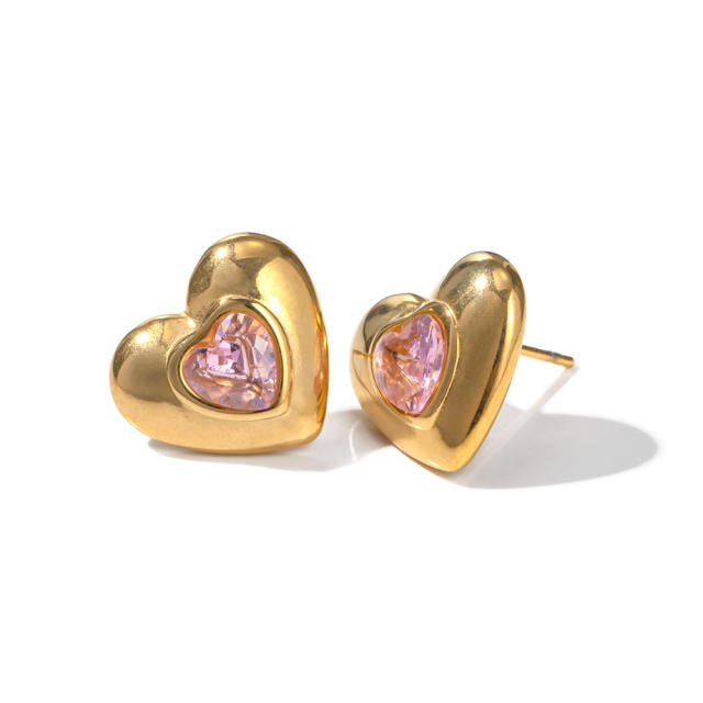 Sweet pink color cubic zircon heart stainless steel studs earrings