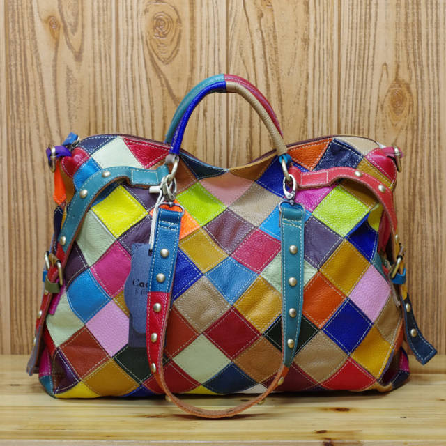Personality color matching Genuine Leather women tote bag