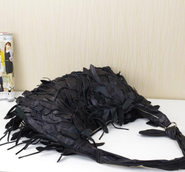 Black color Genuine Leather tassel women tote bag