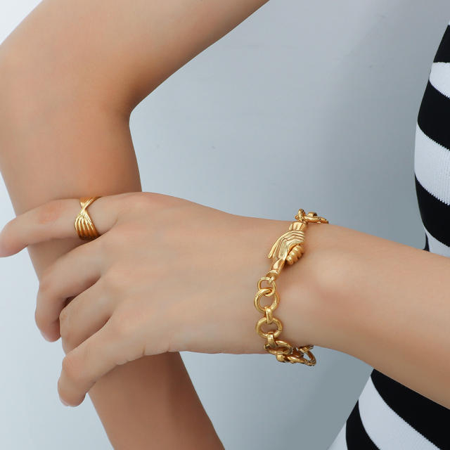 Hiphop 18K cable chain shake hands stainless steel necklace bracelet