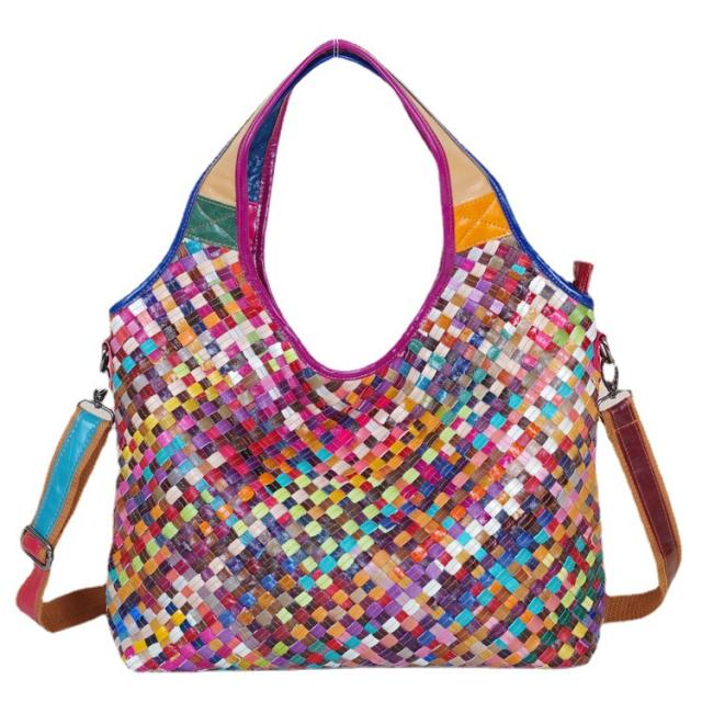 Summer colorful braid pattern Genuine Leather women tote bag