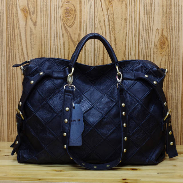 Personality color matching Genuine Leather women tote bag