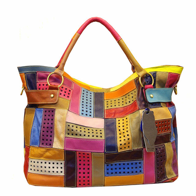 Personality color matching Genuine Leather women tote bag