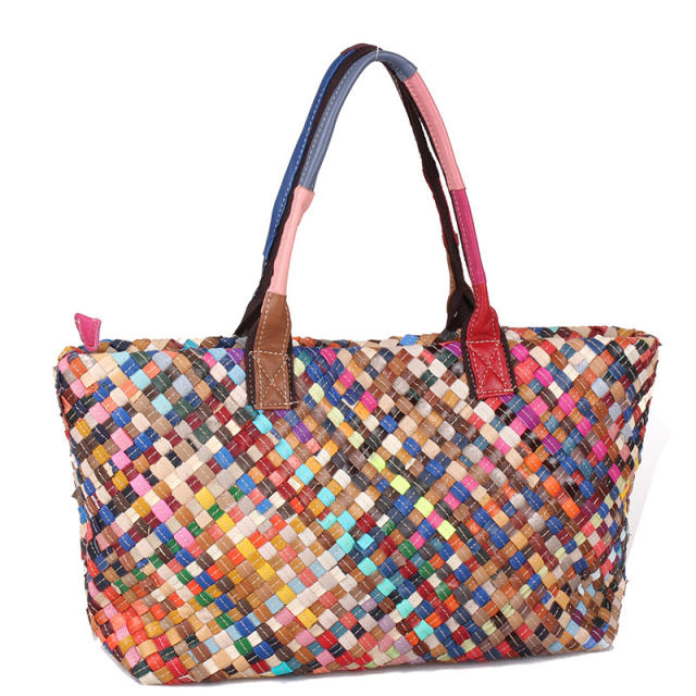 Holiday pattern colorful braid pattern Genuine Leather women tote bag