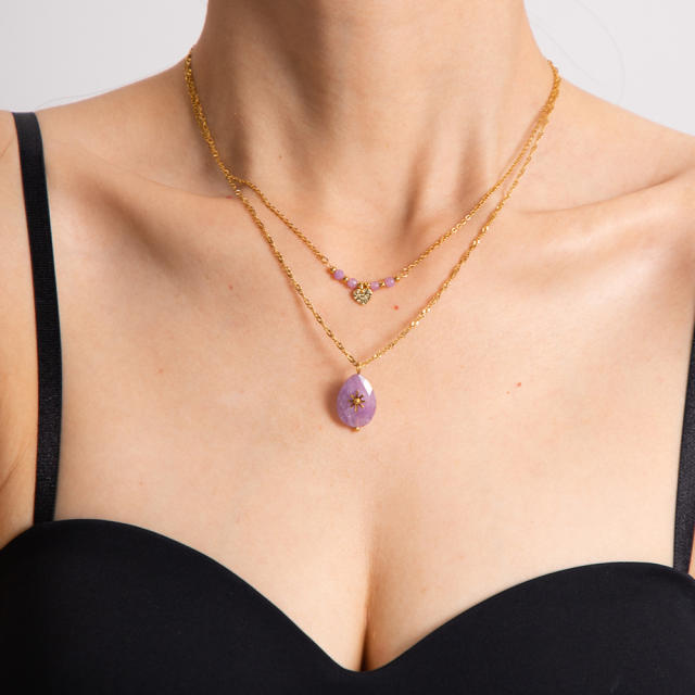 Vintage oval crystal stone pendant two layer stainless steel necklace