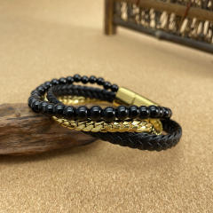 Creative glass bead stainless steel chain layer leather bracelet for men