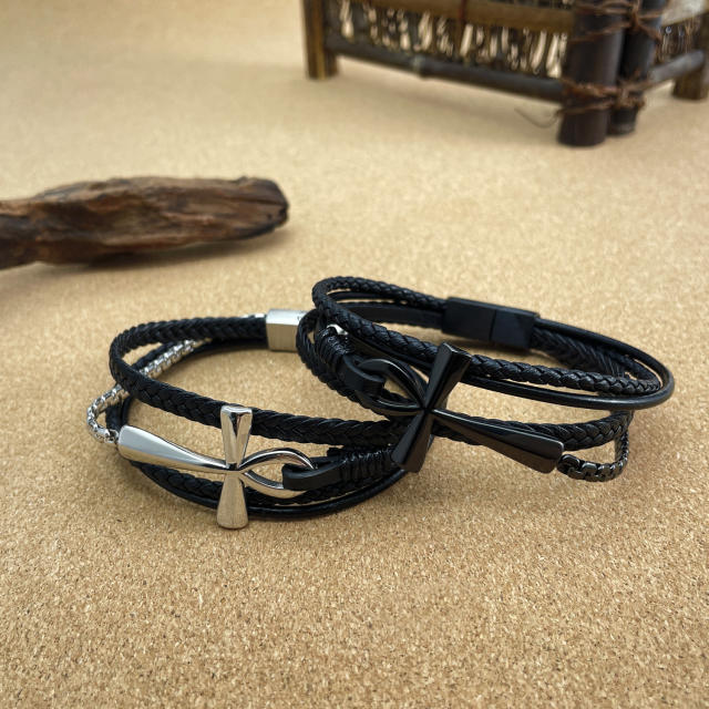 Vintage layer braid pattern cross PU leather stainless steel bracelet for men