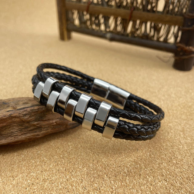 Personality punk trend stainless steel PU leather bracelet for men