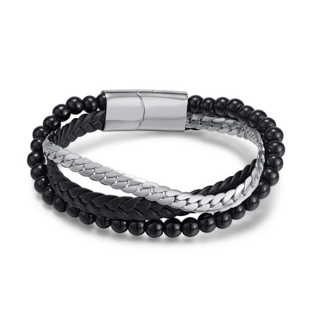 Creative glass bead stainless steel chain layer leather bracelet for men