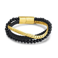 Creative glass bead stainless steel chain layer leather bracelet for men