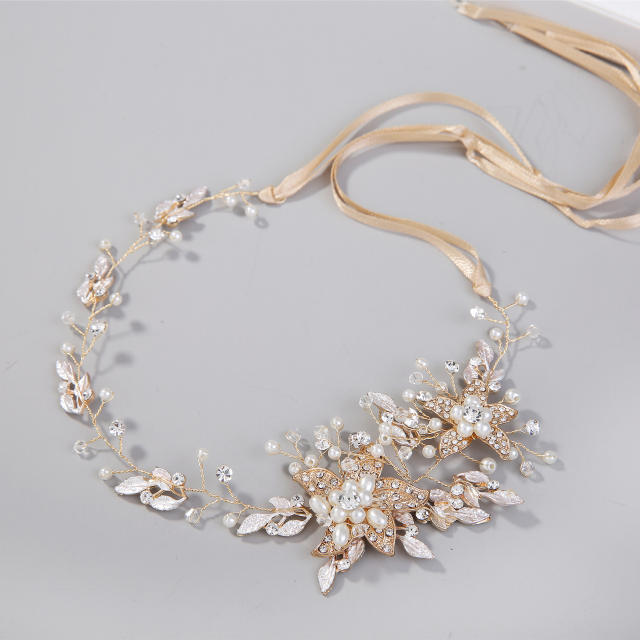 Handmade gold silver flower pearl bridal headband