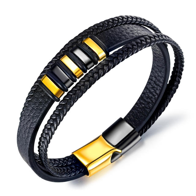 Personality mix color stainless steel PU leather bracelet for men