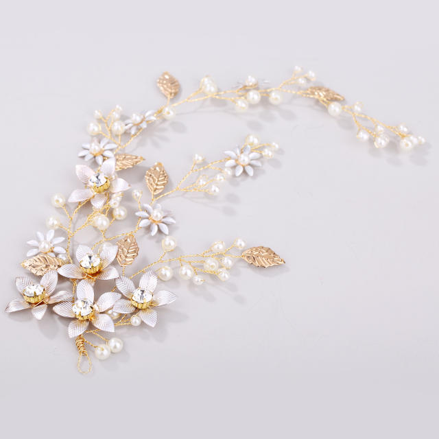 Elegant gold color metal leaf pearl flower wedding hair vines