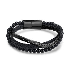 Creative glass bead stainless steel chain layer leather bracelet for men