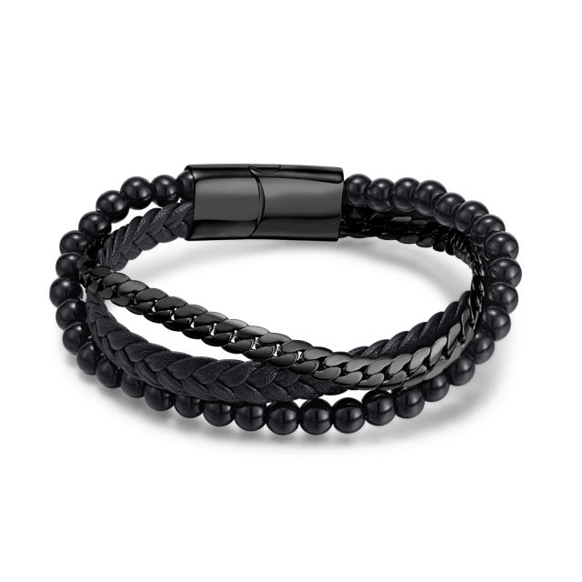 Creative glass bead stainless steel chain layer leather bracelet for men