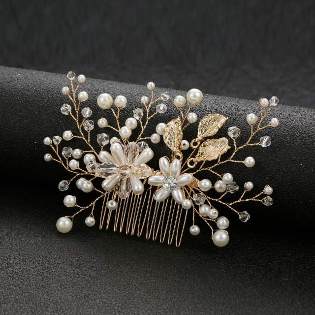 Handmade pearl bead flower metal leaf wedding hair combs