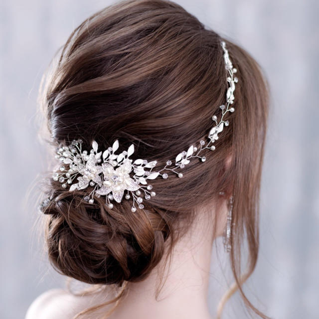 Handmade gold silver flower pearl bridal headband