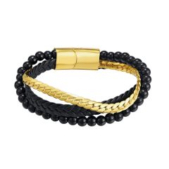 Creative glass bead stainless steel chain layer leather bracelet for men
