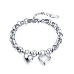 Chunky stainless steel bead heart charm bracelet
