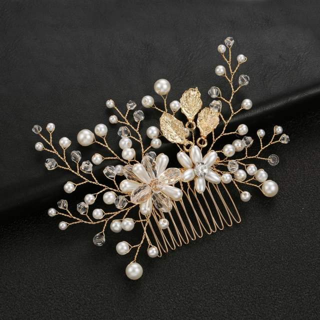 Handmade pearl bead flower metal leaf wedding hair combs