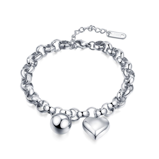 Chunky stainless steel bead heart charm bracelet