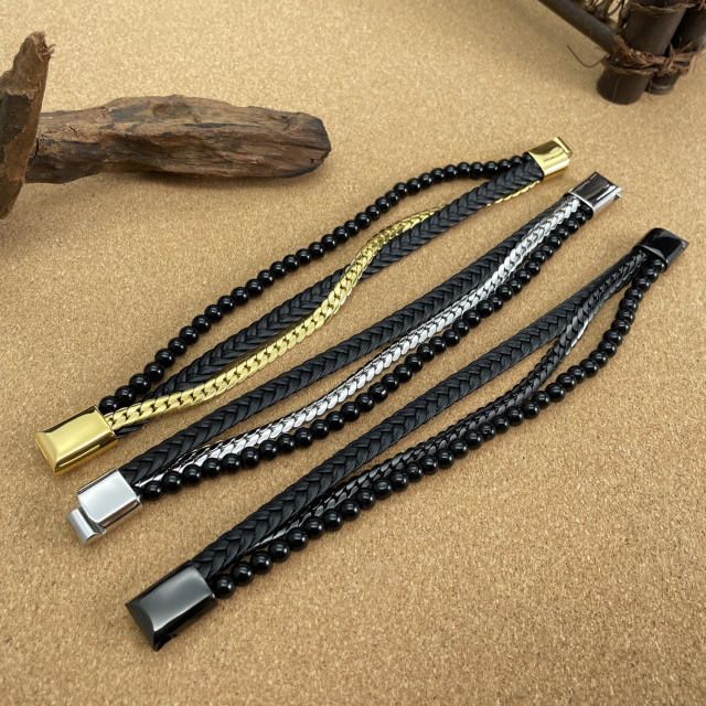 Creative glass bead stainless steel chain layer leather bracelet for men