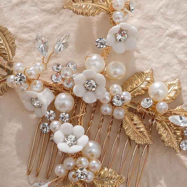 Luxury pearl bead clay flower rhinestone wedding hair combs
