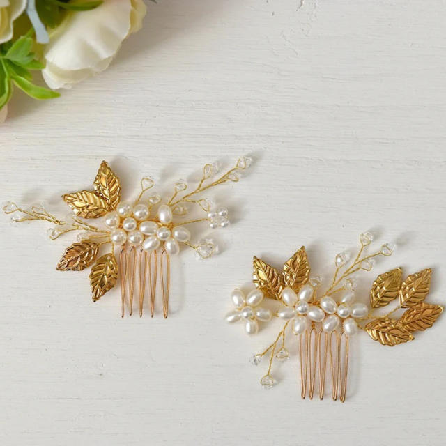 Occident fashion gold color leaf pearl bead hair combs