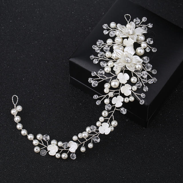 Elegant handmade white flower pearl bead wedding hair vines