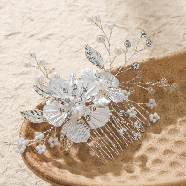 Handmade silver metal flower wedding hair combs natural