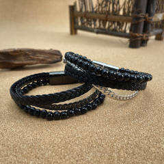 Creative glass bead stainless steel chain layer leather bracelet for men