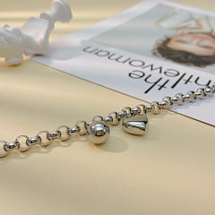 Chunky stainless steel bead heart charm bracelet