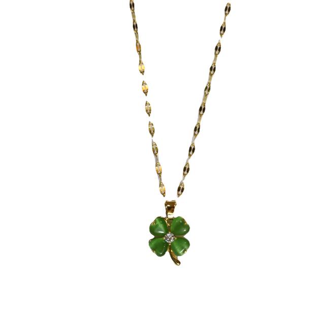 Opal stone colorful clover pendant stainless steel chain necklace